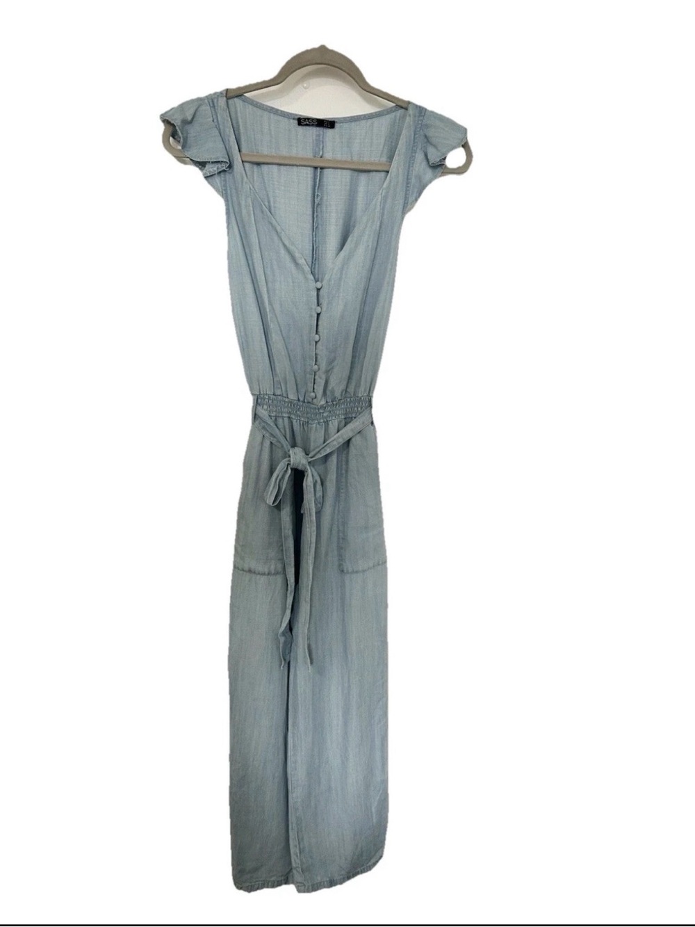 Chambray Denim Loose Jumpsuit Womens Small Ruffle Farm Prep Romantic Sweetheart